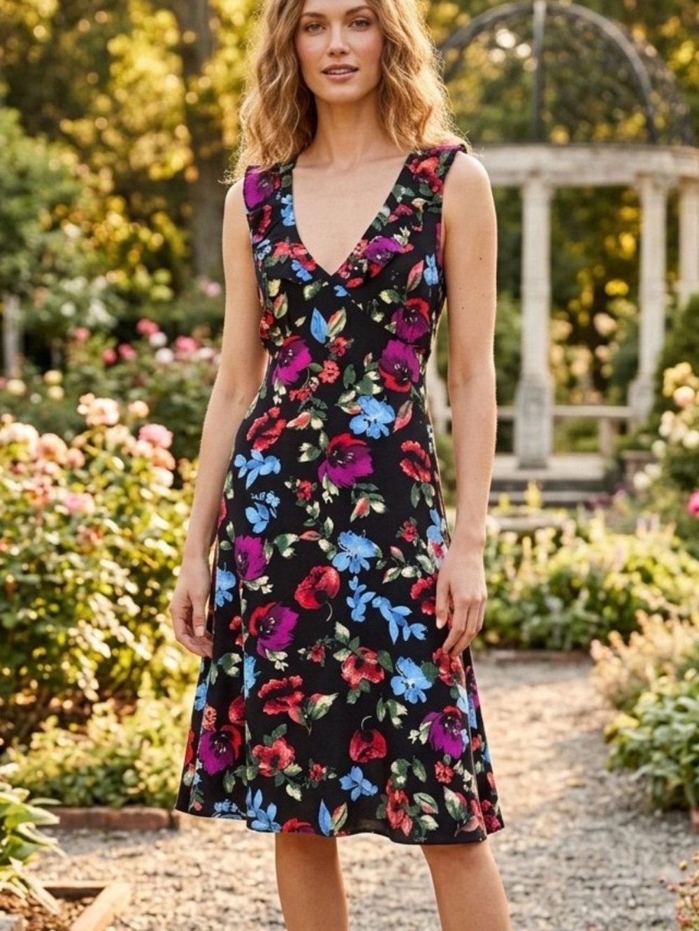 Lulus Black Floral Ruffled Midi Dress Size M EUC